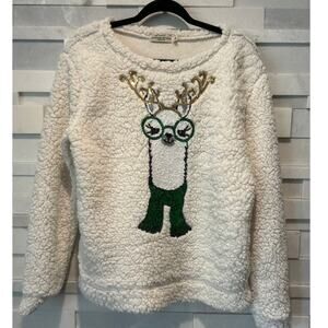 CHANCE OR FATE Llama Reindeer Sequins Ugly Christmas Sweater Sherpa Pullover L